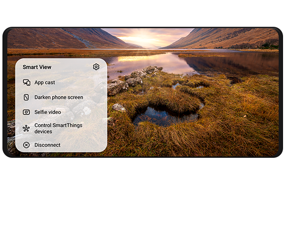 Një smartfon Galaxy me mesazhin e Smart View në ekran që tregon 5 opsione: Shfaqjen e app-it, Errësoni ekranin e telefonit, Video selfie, Komandoni pajisjet SmartThings dhe Shkëputni.