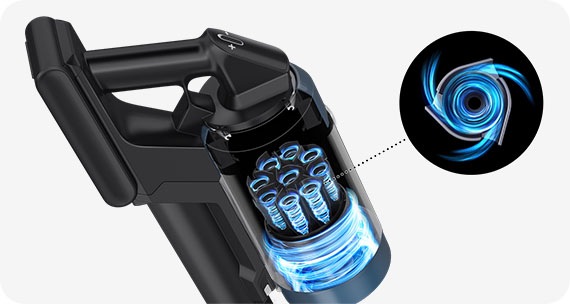 Një ilustrim nga afër brenda një Bespoke JET tregon 9 Jet Cyclone. Vijat blu tregojnë qarkullimin e ajrit që nga afër formon një vorbull brenda secilit ciklon.