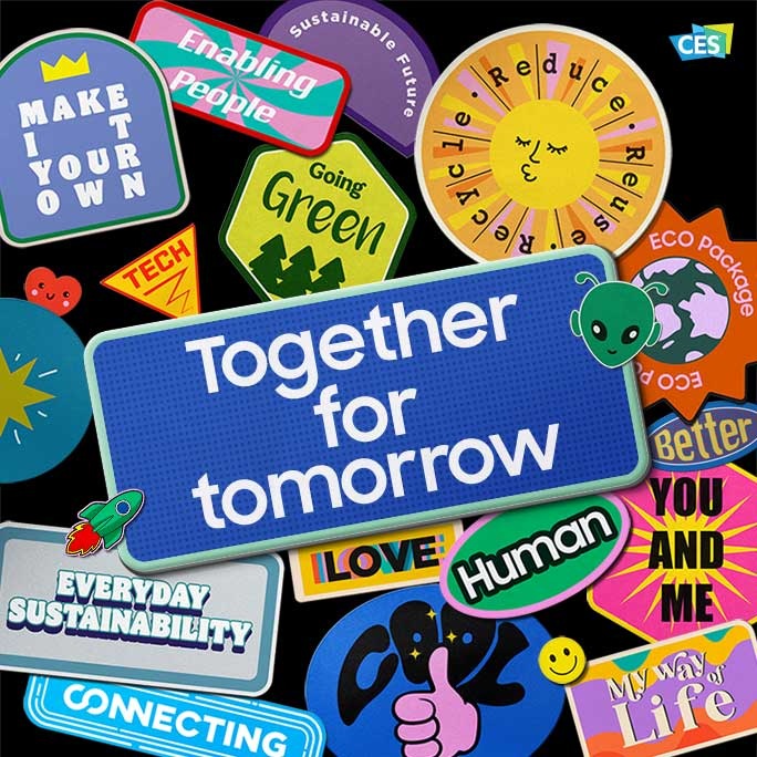 Fjalët kryesore të ngjitëses grafike nga njoftimet e Samsung CES me logon e CES