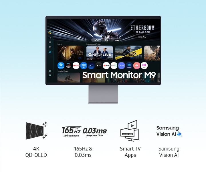 Monitori inteligjent M9. 4K QD-OLED. Shpejtësi rifreskimi 165 Hz dhe kohë reagimi 0,03 ms. Aplikacionet e Smart TV. Samsung Vision AI.