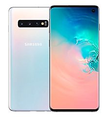 Pjesa e pasme e një telefoni të bardhë prizëm Galaxy S10, me pjesën e përparme të një telefoni të zi Galaxy S10 që mbivendoset pak lart.