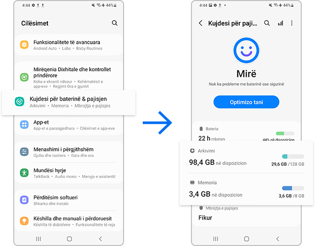 Kontrolloni kapacitetin e mbetur të arkivimit dhe memories