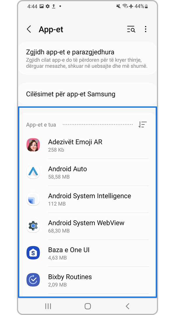 Përzgjidhni nga lista aplikacionin që dëshironi të fshini