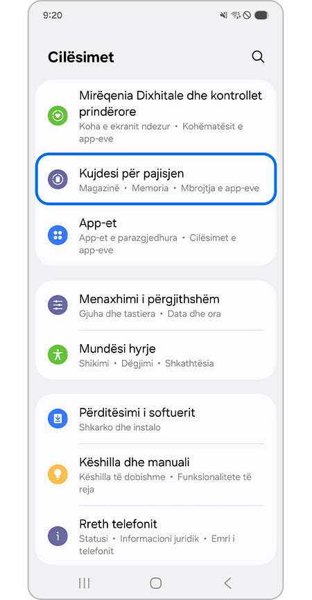 Zgjedhja e menysë Kujdesi për pajisjen