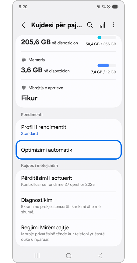 Zgjedhja e menysë Optimizimi automatik
