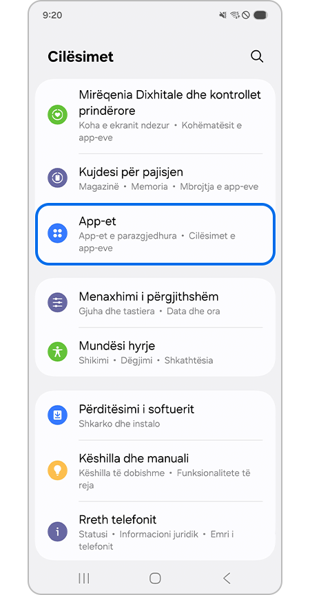 Zgjedhja e menysë së App-et