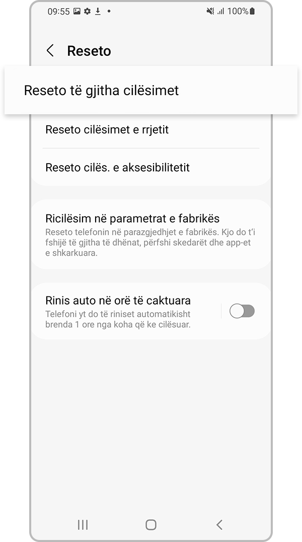 Përzgjidhni Reseto të gjitha cilësimet
