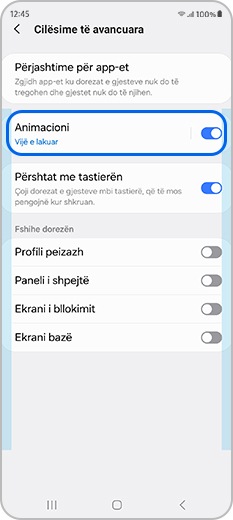 Prekni Animacioni te cilësimet e avancuara