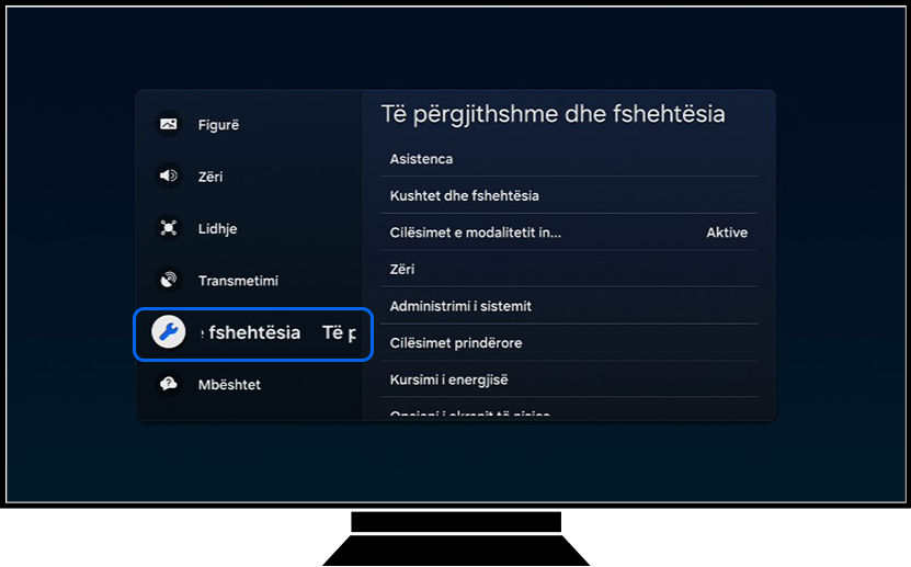 Një Samsung TV tregon opsionet e Të gjitha cilësimeve.