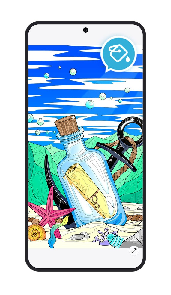 La aplicación PENUP muestra un dibujo coloreado de una nota envuelta en una botella que yace en el fondo del océano.