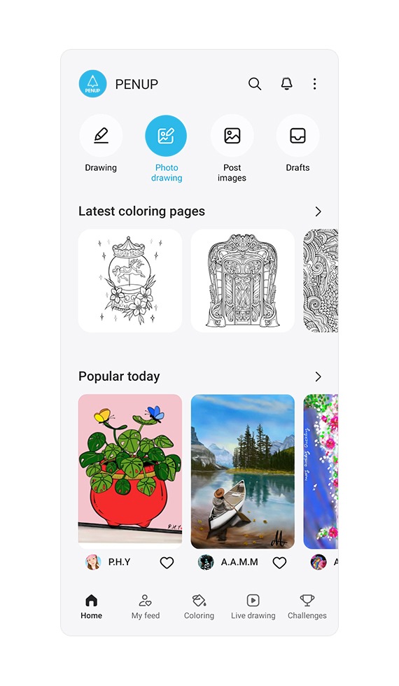La pantalla de inicio de la aplicación PENUP se presenta en el contexto del dibujo fotográfico.