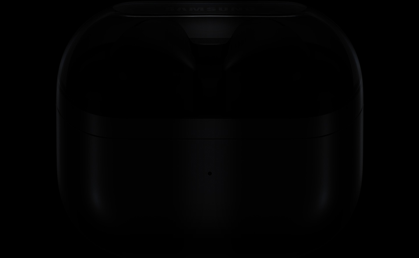 A pair of silver colored Galaxy Buds3 Pro earbuds are in a closed case with a green light blinking in the center.