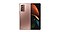 Toma posterior de un Galaxy Z Fold2 5G abierto en bronce místico con patrones naranja y verde azulado en la pantalla.