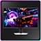 Monitor OLED Odyssey resaltado en colores neón. La pantalla muestra un auto de carreras conduciendo hacia un túnel.