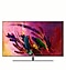 Vista frontal del televisor QLED Samsung plateado sobre un soporte con una imagen de pantalla colorida de una pluma con colores rojo, verde, naranja y púrpura.