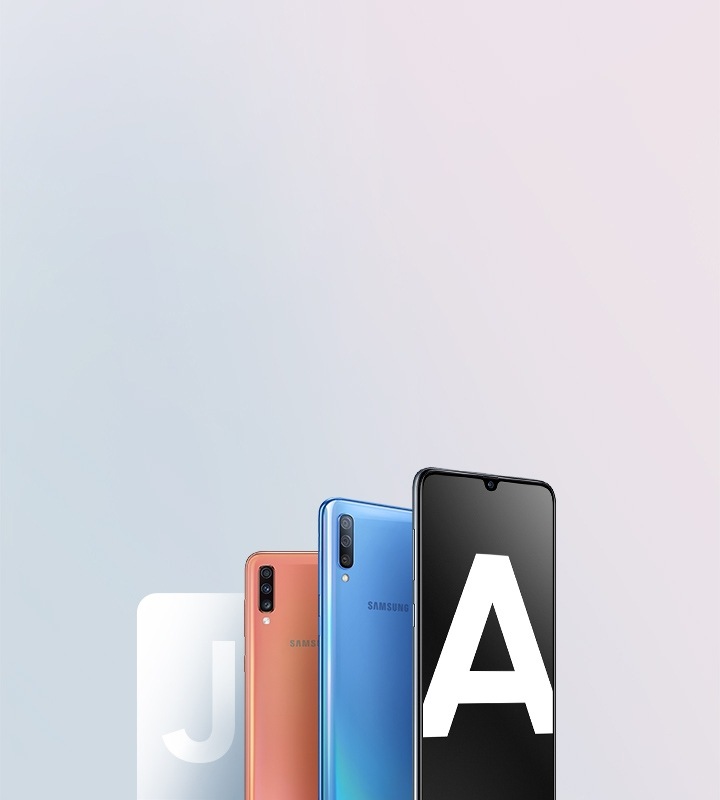 Los nuevos dispositivos Galaxy A delante de la letra J difuminada.
