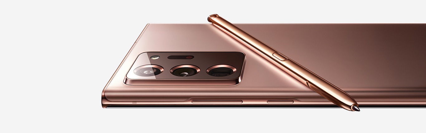 Galaxy Note20 Ultra mystic bronze se coloca horizontalemente con el pen sobre él.