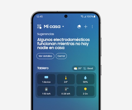 El teléfono inteligente Galaxy muestra la interfaz de usuario de Información sobre el hogar de la aplicación SmartThings.