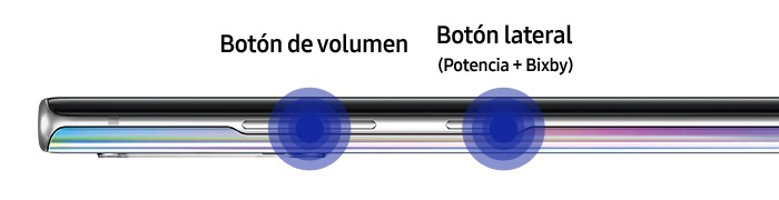 Imagen que muestra la tecla del volumen y la tecla lateral en el lado izquierdo del dispositivo Note10