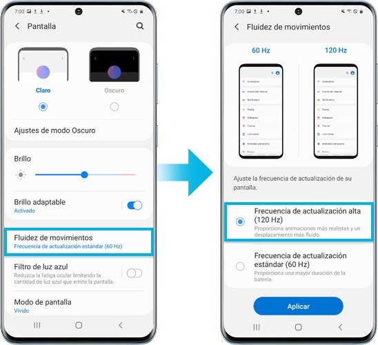 imagen del dispositivo Galaxy S20 ajustando la frecuencia de actualización