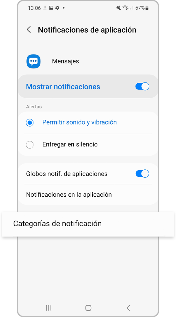 Desde Mensajes, tocar Categorías de notificación