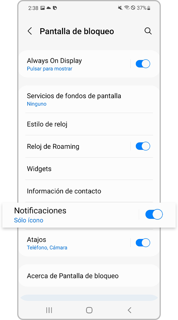 Seleccionar ajustes de notificaciones Pantalla de bloqueo