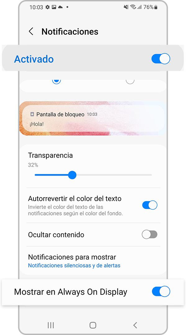 Activar notificaciones en los ajustes Always On Display