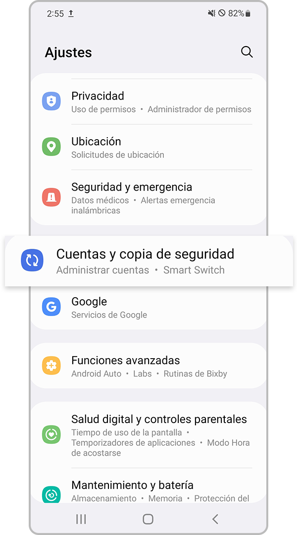 cuentas y copia de seguridad en ajustes