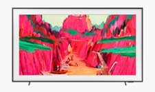 La TV The Frame de Samsung muestra un paisaje abstracto rocoso en tonos rosados brillantes.