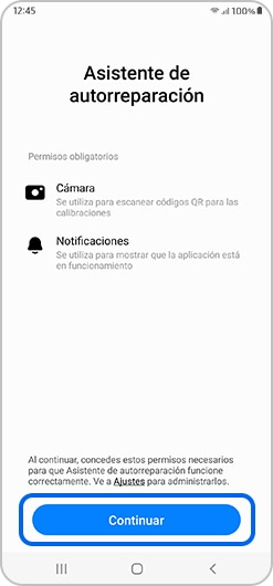 El botón de continuar está seleccionado en la aplicación Self Repair.