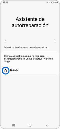 La opción Batería está seleccionada en la aplicación Self Repair
