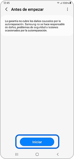 La opción iniciar se encuentra seleccionada en la app de Self Repair