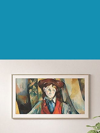 The Frame TV hängt an einer Wand und zeigt ein Kunstwerk auf dem Bildschirm.