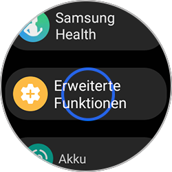 Screenshot der Galaxy Watch5 Einstellungen, auf dem die Option Erweiterte Funktionen mit einem blauen Kreis markiert ist.