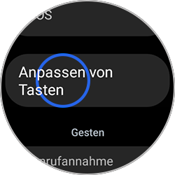Screenshot der Erweiterten Funktionen der Galaxy Watch5, in dem die Option Anpassen von Tasten mit einem blauen Kreis markiert ist.