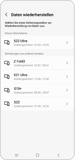 Screenshot der Option Daten wiederherstellen, in dem man die Liste der verfügbaren Geräte sieht.
