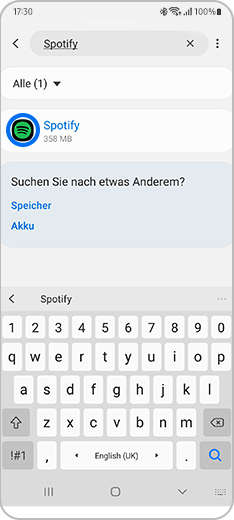 Screenshot der suche in den Apps-Einstellungen, in dem Spotify markiert ist.
