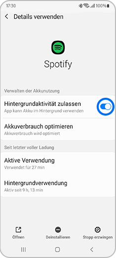 Screenshot der App-Details von Spotify, in dem der Schieberegler bei Hintergrundaktivität zulassen markiert ist.