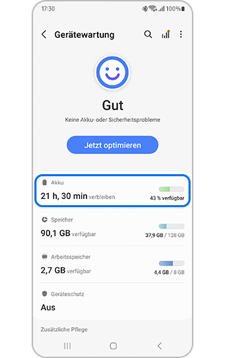 Screenshot der Gerätewartung, in dem die Option Akku markiert ist.