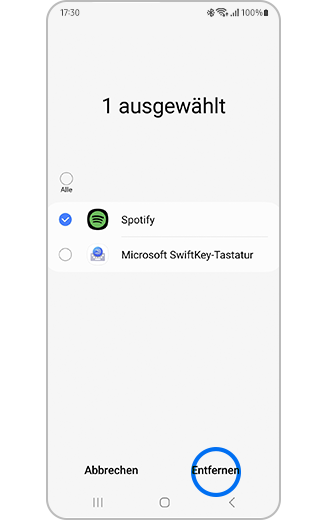 Screenshot der ausgewählten Spotify-App, in dem die Option Entfernen markiert ist.