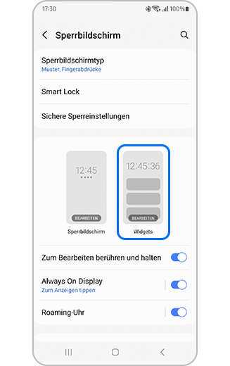 Screenshot der Einstellungen des Sperrbildschirms, in dem die Option zur Bearbeitung des Widgets markiert ist.