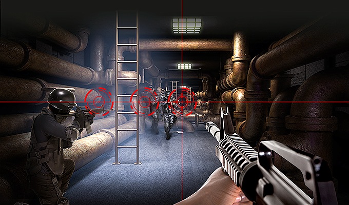 FPS-Gaming-Monitor. Auf dem Bildschirm sieht man eine Waffe, die auf den Gegner zielt.