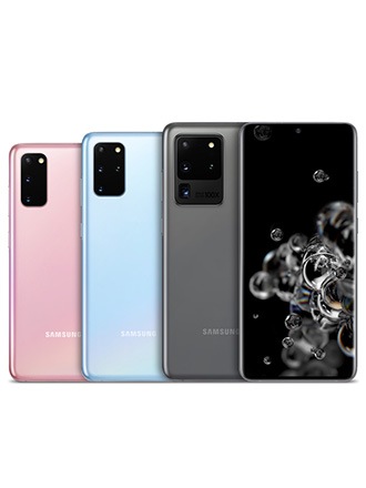 Rückansichten eines Cloud Pink Galaxy S20, eines Cloud Blue Galaxy S20+ und eines Cosmic Grey Galaxy S20 Ultra 5G, die überlappend angeordnet sind. Auf der rechten Seite wird das Bild mit der Vorderansicht eines Galaxy S20 Ultra 5G in Cosmic Gray überlagert.