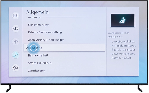 Öko-Lösung ist in den allgemeinen Einstellungen des QLED Q80R markiert.