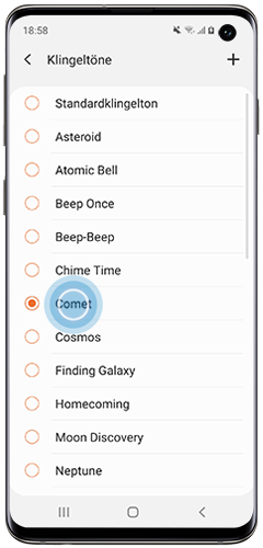 Comet ist in der Klingeltonliste des Galaxy S10e ausgewählt.