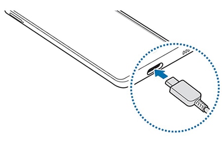 Ein USB-C Kabel wird zum Laden des Galaxy A51 verwendet.