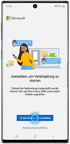 Der Link zur Anmeldeseite von Microsoft ist im Galaxy Note10 markiert.