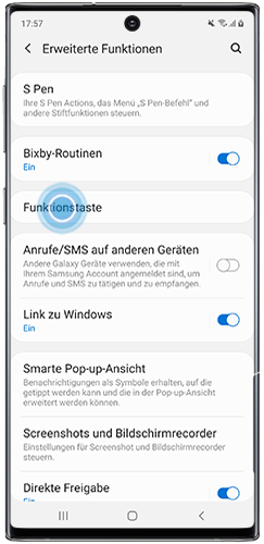 Funktionstaste in den erweiterten Einstellungen des Galaxy Note10 markiert.
