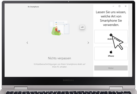 Es wird angezeigt, wie das Smartphone über die Ihr Smartphone App mit dem PC verbunden wird.