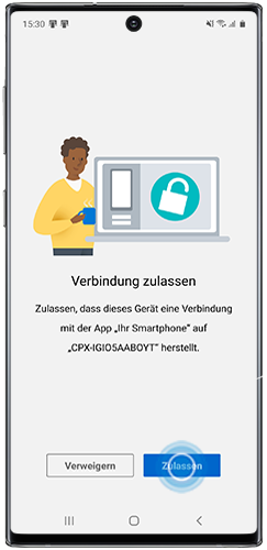 Zulassen ist im Bildschirm zur Verbindung mit Link zu Windows im Galaxy Note10 markiert.